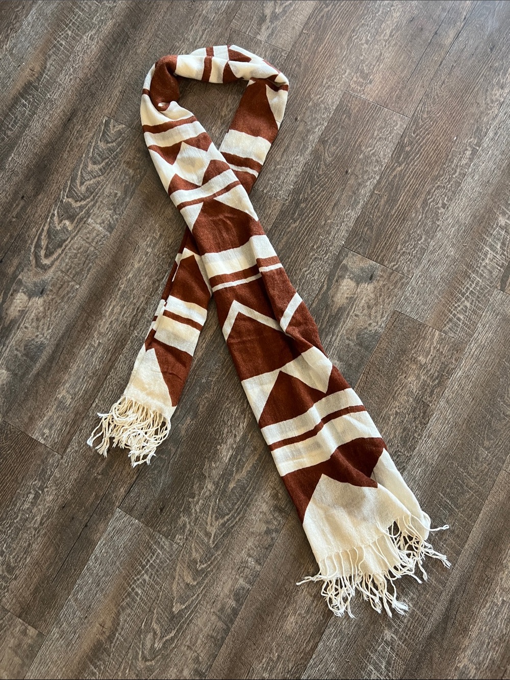 Rust and Cream Geometric Fringed Scarf